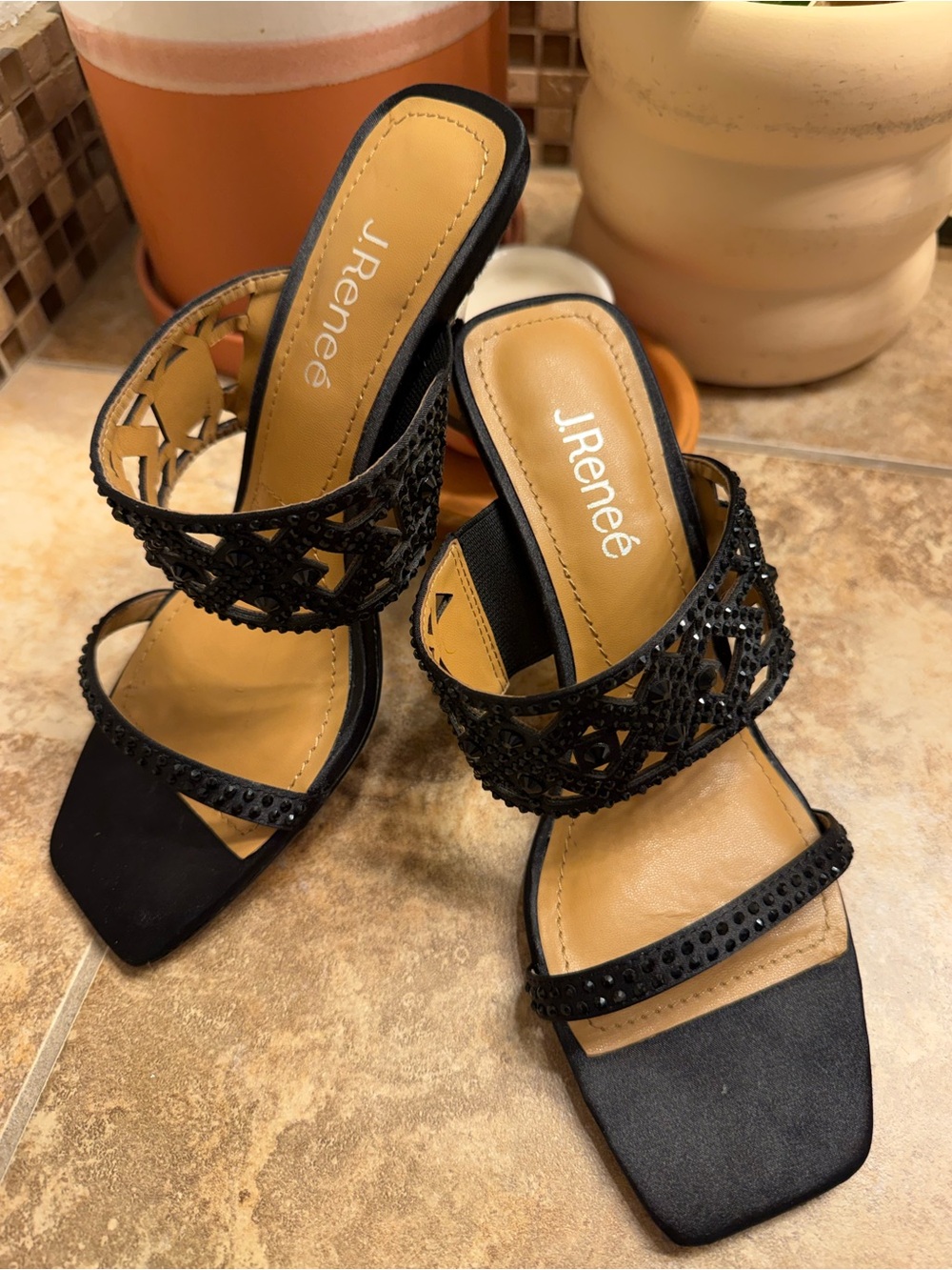 J.Renee Black Beaded Double-Strap Slide Mules